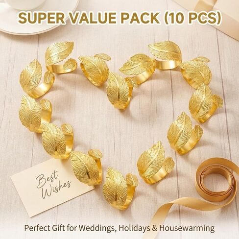 Gold Napkin Rings Set of 10 - Elegant Leaf Design Metal Napkin Holders for Cloth Napkins, Wedding Reception, Thanksgiving, Christmas & Fall Table Decor in Kuwait