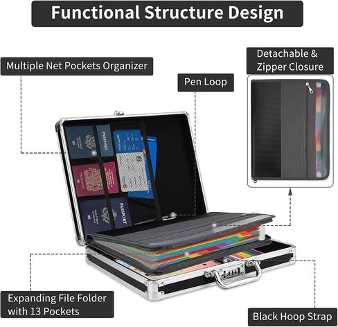 Clipboard with Storage Combination Lock Briefcase 3 Ring Binder 700 Sheets Capacity Heavy Duty Metal Document Box Multi-Pocket Organizer Storage Clipboards for Home, Bussiness Trip in Kuwait