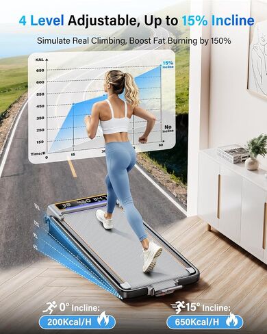 Walking Pad Treadmill with 15% Incline/Handle Bar/2 Screen Display, 3.5HP Foldable Walking Pad Treadmill, Portable Treadmills for Home with 4 Adjustable Incline, 350+lb Capacity, Smart App, RGB Light in Kuwait