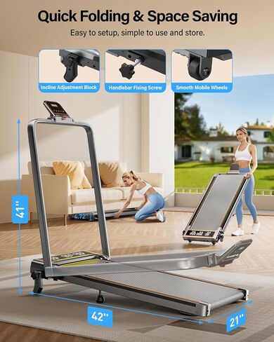 Walking Pad Treadmill with 15% Incline/Handle Bar/2 Screen Display, 3.5HP Foldable Walking Pad Treadmill, Portable Treadmills for Home with 4 Adjustable Incline, 350+lb Capacity, Smart App, RGB Light in Kuwait