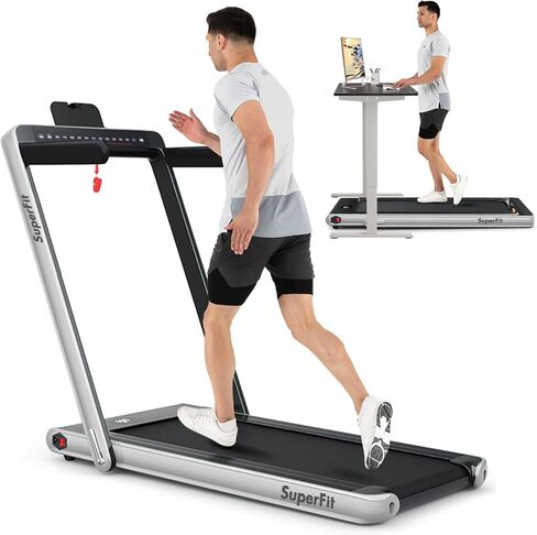 جهاز مشي Goplus 2 في 1 قابل للطي مع شاشة عرض مزدوجة، جهاز مشي كهربائي Superfit بقوة 2.25 حصان تحت المكتب، بدون تركيب، مكبر صوت ذو أسنان زرقاء، تحكم في التطبيق، جهاز تحكم عن بعد، المشي والركض للمنزل in Kuwait