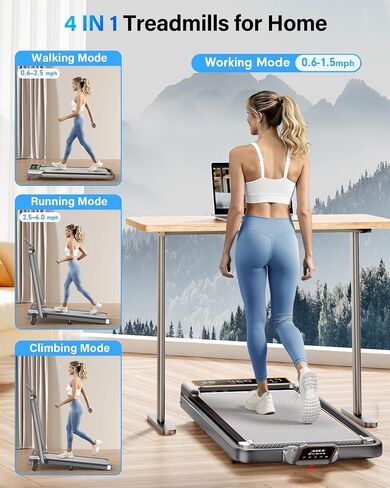 Walking Pad Treadmill with 15% Incline/Handle Bar/2 Screen Display, 3.5HP Foldable Walking Pad Treadmill, Portable Treadmills for Home with 4 Adjustable Incline, 350+lb Capacity, Smart App, RGB Light in Kuwait