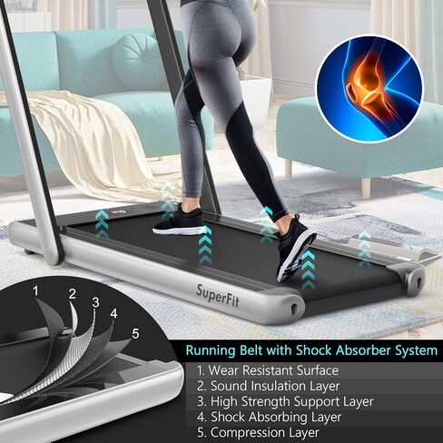 جهاز مشي Goplus 2 في 1 قابل للطي مع شاشة عرض مزدوجة، جهاز مشي كهربائي Superfit بقوة 2.25 حصان تحت المكتب، بدون تركيب، مكبر صوت ذو أسنان زرقاء، تحكم في التطبيق، جهاز تحكم عن بعد، المشي والركض للمنزل in Kuwait
