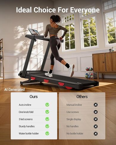 LONTEK 15% Auto Incline Treadmills for Home, 10S Folds Away Portable Treadmill with Led Screen & Handle Bar Up to 300LBS Capacity, 3.0HP 7-Layer Shock-Absorbing Walking Pad Treadmill 0.6-7.2MPH in Kuwait