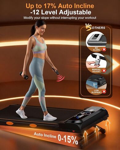 Walking Pad Treadmill with 15% Auto Incline 12-Level, Under Desk Treadmill for Home 450 lbs Capacity, Walking Pad with Incline, RGB UI Screen, Bluetooth Speaker & APP, 3.5HP Quiet Desk Treadmills in Kuwait