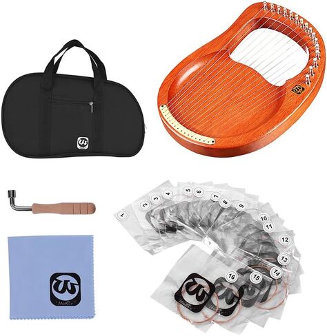 Walter.t 16-String Wooden Lyre Harp Metal Strings Mahogany Solid Wood String Instrument with Carry Bag Tuning Wrench Cleaning Cloth Strings WH16 with Carry Bag in Kuwait