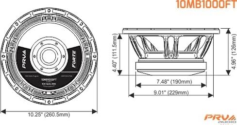 مكبر صوت PRV AUDIO 10MB1000FT مقاس 10 بوصة لأنظمة الصوت المخصصة الاحترافية، 500 واط RMS، قوة برنامج 1000 واط، مكبر صوت 8 أوم، مكبرات صوت متوسطة الجهير 97.5 ديسيبل (مفرد) in Kuwait
