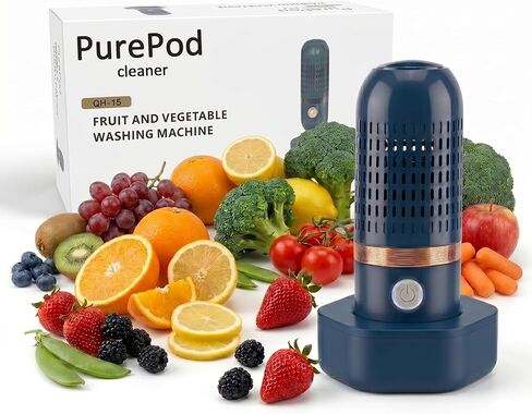 منظف ​​الخضروات Pure Pod - جهاز غسيل الفواكه وإنتاج الفاكهة اللاسلكي القابل لإعادة الشحن مع تقنية تنقية OH-ion، غسالة طعام مقاومة للماء IPX7 للخضروات والأرز والحبوب (أزرق) in Kuwait