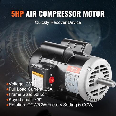 VEVOR 5HP Air Compressor Electric Motor, 230V 25 Amps, 56HZ Frame 3450RPM, 7/8" Keyed Shaft, 2.25" Shaft Length, Single Phase, CCW/CW (Factory Setting is CCW) in Saudi Arabia