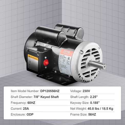 VEVOR 5HP Air Compressor Electric Motor, 230V 25 Amps, 56HZ Frame 3450RPM, 7/8" Keyed Shaft, 2.25" Shaft Length, Single Phase, CCW/CW (Factory Setting is CCW) in Saudi Arabia
