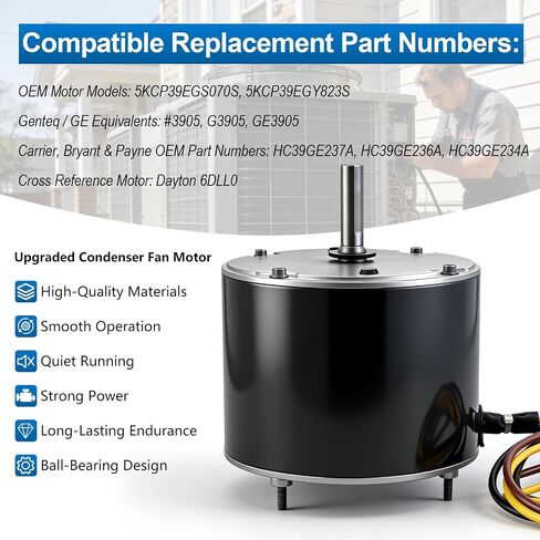 Condenser Fan Motor 1/4 HP 1100 RPM 208-230V, Replaces Motor 5KCP39EGS070S, Genteq 3905 G3905 GE3905, Carrier Bryant Payne HC39GE237A HC39GE234A HC39GE236A, Dayton 6DLL0, OEM Part Number 5KCP39EGY823S in Kuwait
