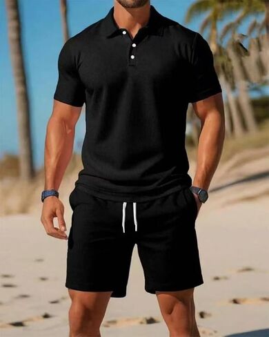 Men's 2 Pieces Shorts Sets Summer Casual Beach Outfits Short Sleeve Polo Shirts and Shorts Track Suits in Kuwait