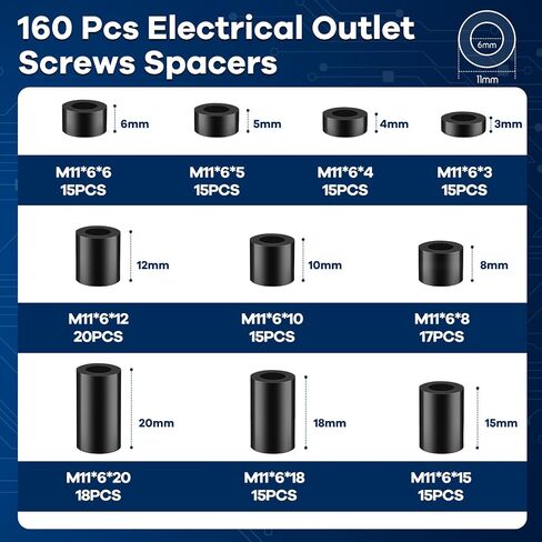160Pcs M6 Plastic Spacers for Screws, Non-Threaded Plastic Round Spacer Assortment Kit, High-Strength Standoffs for Electrical Outlets, 3D Printers, ID 6mm OD 11mm, 3mm to 20mm Lengths,Black in Kuwait