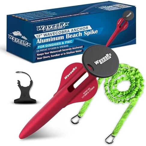 WAVESRX Beach Anchoring Bundle for PWC | 12" WaveCobra Aluminum Spike Stern Anchor + 7ft AnchorMate Flat Bungee (Stretches to 14ft) | Ultra-Light Patented Design Keeps Your Jet Ski Securely Anchored in Kuwait