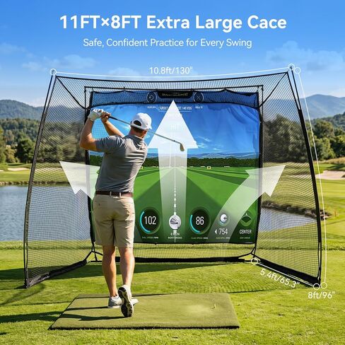 11x8ft Golf Simulator Hitting Net with Impact Screen & Target Cloth, Heavy-Duty Golf Net with Metal Frame & 270° Protection, Range Cage for Swing Driving Home Garage Indoor Outdoor, Golf Gift for Men in Kuwait