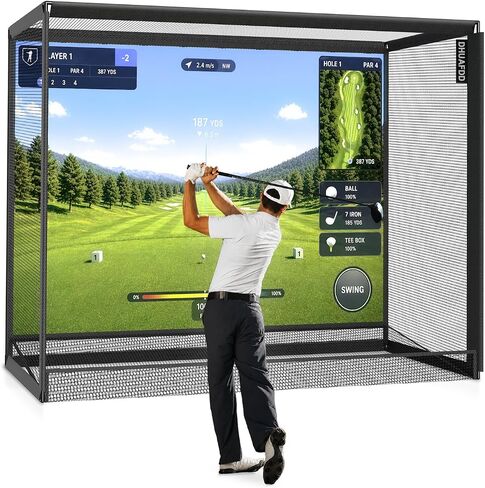 Golf Cage - 10x8x5 FT Golf Net with Impact Screen & Steel Frame 5 Ply Golf Simulator Enclosure with Ball Return Indoor Golf Practice Easy Setup in Kuwait