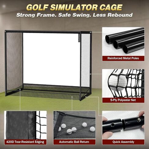 Golf Cage - 10x8x5 FT Golf Net with Impact Screen & Steel Frame 5 Ply Golf Simulator Enclosure with Ball Return Indoor Golf Practice Easy Setup in Kuwait