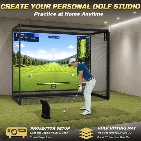 Golf Cage - 10x8x5 FT Golf Net with Impact Screen & Steel Frame 5 Ply Golf Simulator Enclosure with Ball Return Indoor Golf Practice Easy Setup in Kuwait