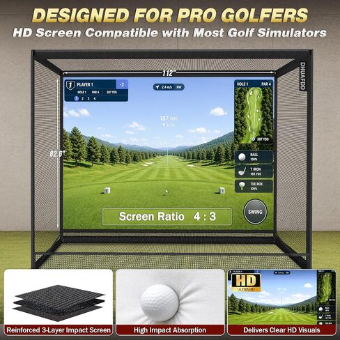 Golf Cage - 10x8x5 FT Golf Net with Impact Screen & Steel Frame 5 Ply Golf Simulator Enclosure with Ball Return Indoor Golf Practice Easy Setup in Kuwait