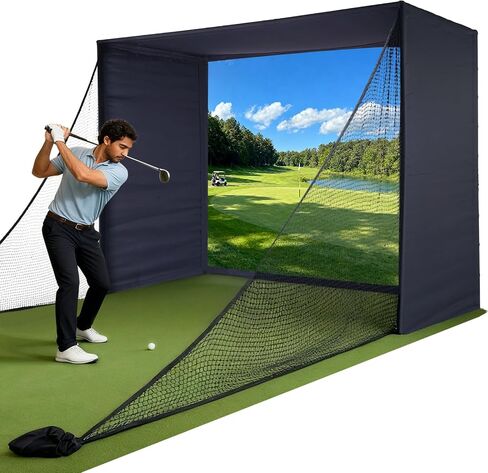 Golf Simulator Enclosure with Double-Layer Silent HD Impact Screen & Side Barriers,10×8 ft Indoor Golf Hitting Cage with φ32mm Heavy Duty Stainless Steel Frame, Golf Practice Kit for Garage & Home Use in Kuwait