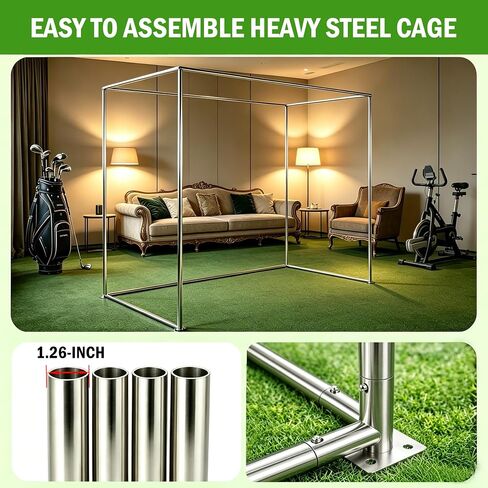 Golf Simulator Enclosure with Double-Layer Silent HD Impact Screen & Side Barriers,10×8 ft Indoor Golf Hitting Cage with φ32mm Heavy Duty Stainless Steel Frame, Golf Practice Kit for Garage & Home Use in Kuwait