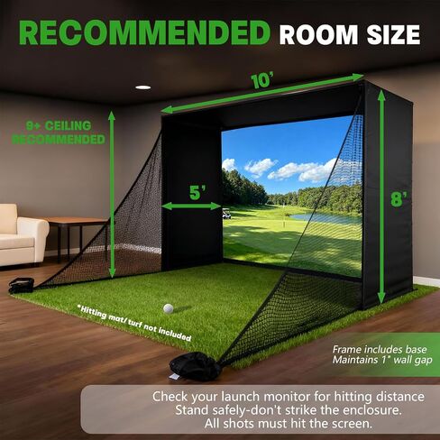 Golf Simulator Enclosure with Double-Layer Silent HD Impact Screen & Side Barriers,10×8 ft Indoor Golf Hitting Cage with φ32mm Heavy Duty Stainless Steel Frame, Golf Practice Kit for Garage & Home Use in Kuwait