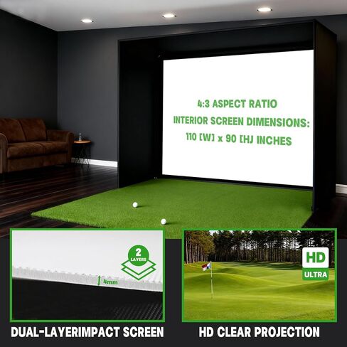 Golf Simulator Enclosure with Double-Layer Silent HD Impact Screen & Side Barriers,10×8 ft Indoor Golf Hitting Cage with φ32mm Heavy Duty Stainless Steel Frame, Golf Practice Kit for Garage & Home Use in Kuwait