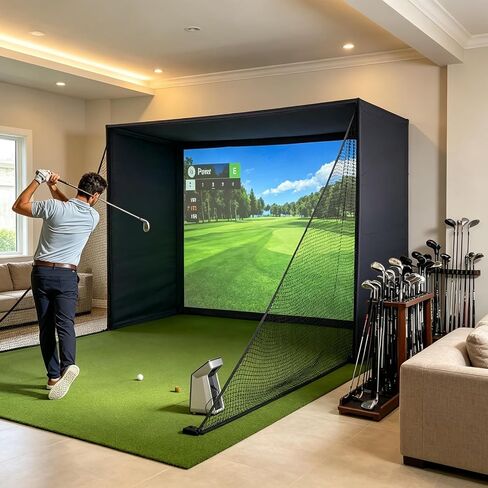Golf Simulator Enclosure with Double-Layer Silent HD Impact Screen & Side Barriers,10×8 ft Indoor Golf Hitting Cage with φ32mm Heavy Duty Stainless Steel Frame, Golf Practice Kit for Garage & Home Use in Kuwait