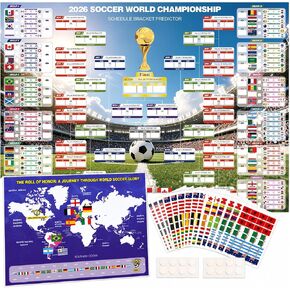 ملصق جدول كأس العالم 2026 مقاس 43 بوصة × 32 بوصة، مخطط جداري كبير للغاية لكرة القدم، قطعتان مع 600 ملصق علم وملصق لتوقع البطل، ملصق قوس كأس العالم لهدايا مشجعي كرة القدم وديكورات الحفلات in Kuwait
