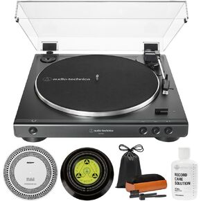 Audio-Technica AT-LP60X-BK Fully Automatic Belt-Drive Stereo Turntable 33-1/3 & 45 RPM - Black Bundle with Record Care Solution, Deco Gear Cleaning Kit, Stroboscope and Record Stabilizer in Saudi Arabia