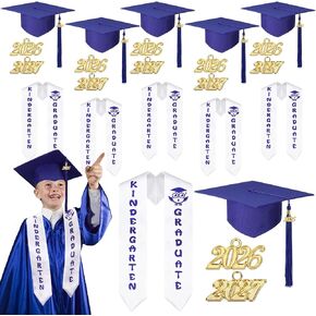Coume 18 Pcs Kindergarten Graduation Caps and Stole with 2025 2026 Tassel Charm for Kids Unisex Grad Hat Satin Sash for Preschool Kindergarten School Boys Girls Graduate Gifts White, Blue in Kuwait