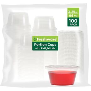 Freshware Plastic Portion Cups with Lids [3.25 Ounce, 100 Sets] Disposable Plastic Cups for Meal Prep, Salad Dressing, Jellos Shot Cup, Condiment and Dipping Sauce Cup in Kuwait