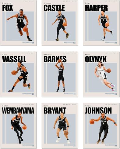 San Antonio Spurs Wall Art Posters – Set of 9 Unframed 8x10 Prints – Wembanyama Fox Barnes Vassell Castle Harper Johnson Bryant Olynyk – NBA Basketball Fan Decor Unframed (8x10") in Kuwait