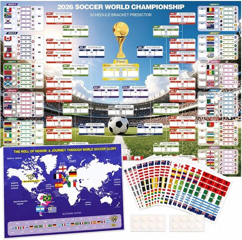 2026 World Cup Schedule Poster 43"x32" Extra Large Soccer Wall Chart, 2 Pcs with 600 Flag Stickers & Champion Predictor Poster, World Cup Bracket Poster for Soccer Fans Gifts & Party Decorations in Kuwait