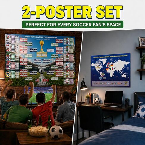 2026 World Cup Schedule Poster 43"x32" Extra Large Soccer Wall Chart, 2 Pcs with 600 Flag Stickers & Champion Predictor Poster, World Cup Bracket Poster for Soccer Fans Gifts & Party Decorations in Kuwait