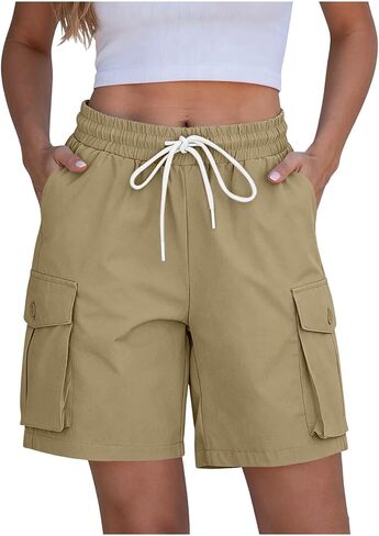 Womens Casual Shorts Elastic Waist Cargo Pocket Short Drawstring Quick Dry Lightweight Summer Short Pants in Kuwait