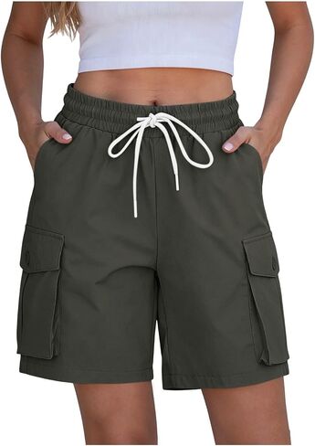 Womens Casual Shorts Elastic Waist Cargo Pocket Short Drawstring Quick Dry Lightweight Summer Short Pants in Kuwait