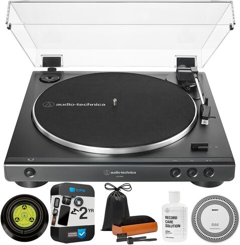 Audio-Technica AT-LP60X-BK Fully Automatic Belt-Drive Stereo Turntable 33-1/3 & 45 RPM Black Bundle w/ 2 Year Extended Protection Pack + Vinyl Care Pack: Stroboscope, Stabilizer + Care Solutio in Saudi Arabia