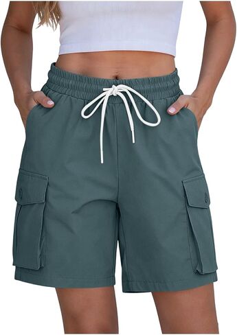 Womens Casual Shorts Elastic Waist Cargo Pocket Short Drawstring Quick Dry Lightweight Summer Short Pants in Kuwait