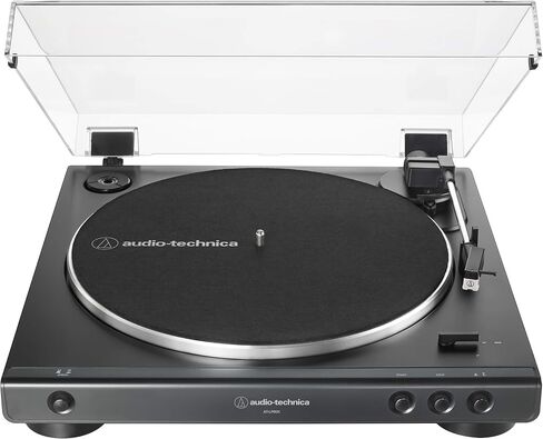 Audio-Technica AT-LP60X-BK Fully Automatic Belt-Drive Stereo Turntable 33-1/3 & 45 RPM Black Bundle w/ 2 Year Extended Protection Pack + Vinyl Care Pack: Stroboscope, Stabilizer + Care Solutio in Saudi Arabia