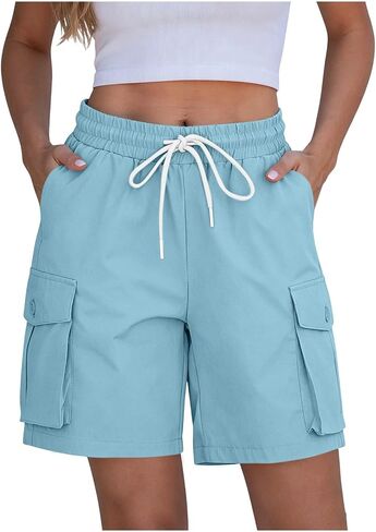 Womens Casual Shorts Elastic Waist Cargo Pocket Short Drawstring Quick Dry Lightweight Summer Short Pants in Kuwait