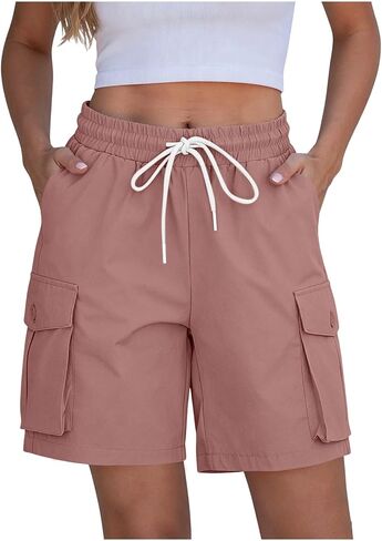 Womens Casual Shorts Elastic Waist Cargo Pocket Short Drawstring Quick Dry Lightweight Summer Short Pants in Kuwait