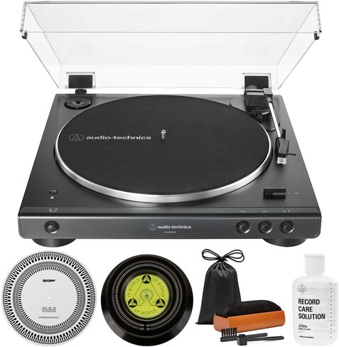 Audio-Technica AT-LP60XBT-BK Fully Automatic Belt-Drive Bluetooth Stereo Turntable, Black Bundle with Record Care Solution, Deco Gear Cleaning Kit, Stroboscope and Record Stabilizer in Saudi Arabia
