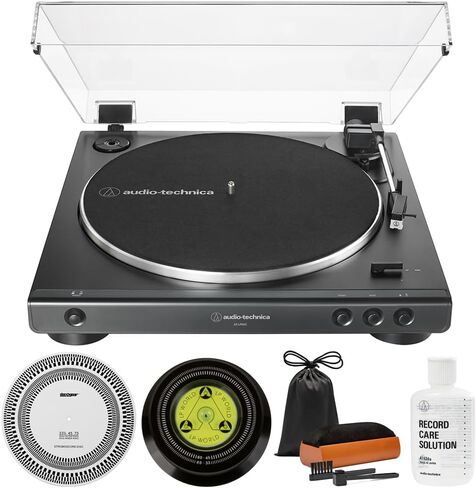 Audio-Technica AT-LP60X-BK Fully Automatic Belt-Drive Stereo Turntable 33-1/3 & 45 RPM - Black Bundle with Record Care Solution, Deco Gear Cleaning Kit, Stroboscope and Record Stabilizer in Saudi Arabia