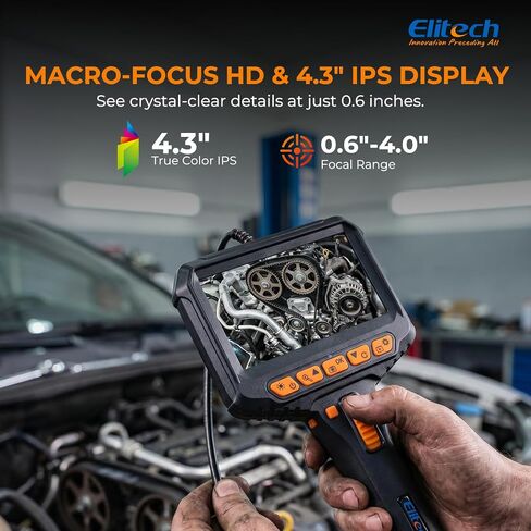 Elitech منظار مفصلي ثنائي الاتجاه مع ضوء، كاميرا فحص رفيعة 0.24 بوصة، عمر انحناء 20,000+، كاميرا ثعبان 180 درجة، منظار IPS 1080P 4.3 بوصة، حماية عالية الحرارة لميكانيكا السيارات in Kuwait