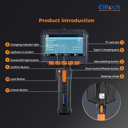 Elitech منظار مفصلي ثنائي الاتجاه مع ضوء، كاميرا فحص رفيعة 0.24 بوصة، عمر انحناء 20,000+، كاميرا ثعبان 180 درجة، منظار IPS 1080P 4.3 بوصة، حماية عالية الحرارة لميكانيكا السيارات in Kuwait