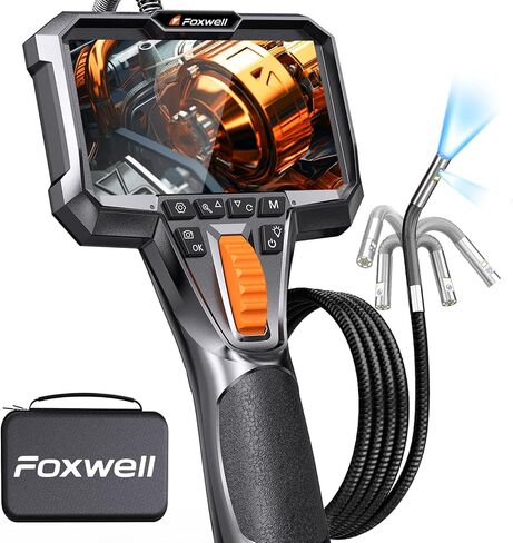 FOXWELL Dual Lens Two-Way Articulating Borescope, 1080P Endoscope Camera with Light, IPS HD Screen, IP67 Waterproof, 5.3FT Flexible Semi-Rigid Snake Scope for Automotive Engine Pipe Home Inspection in Kuwait