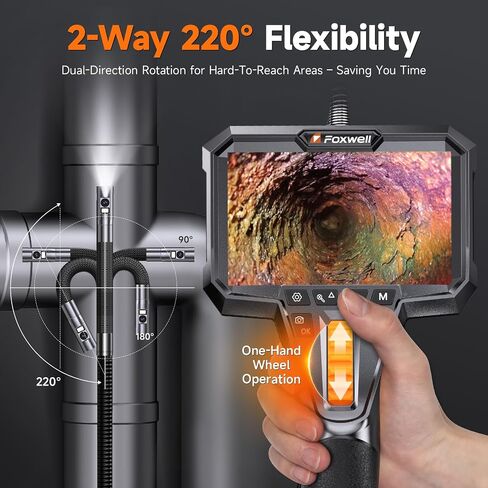 FOXWELL Dual Lens Two-Way Articulating Borescope, 1080P Endoscope Camera with Light, IPS HD Screen, IP67 Waterproof, 5.3FT Flexible Semi-Rigid Snake Scope for Automotive Engine Pipe Home Inspection in Kuwait