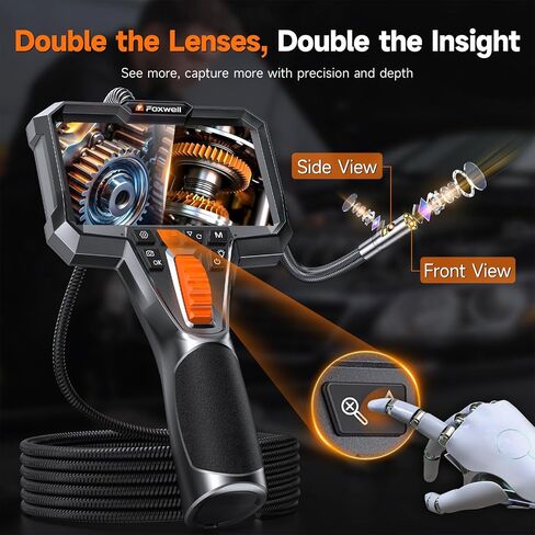 FOXWELL Dual Lens Two-Way Articulating Borescope, 1080P Endoscope Camera with Light, IPS HD Screen, IP67 Waterproof, 5.3FT Flexible Semi-Rigid Snake Scope for Automotive Engine Pipe Home Inspection in Kuwait