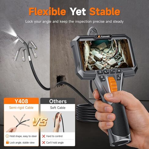 FOXWELL Dual Lens Two-Way Articulating Borescope, 1080P Endoscope Camera with Light, IPS HD Screen, IP67 Waterproof, 5.3FT Flexible Semi-Rigid Snake Scope for Automotive Engine Pipe Home Inspection in Kuwait